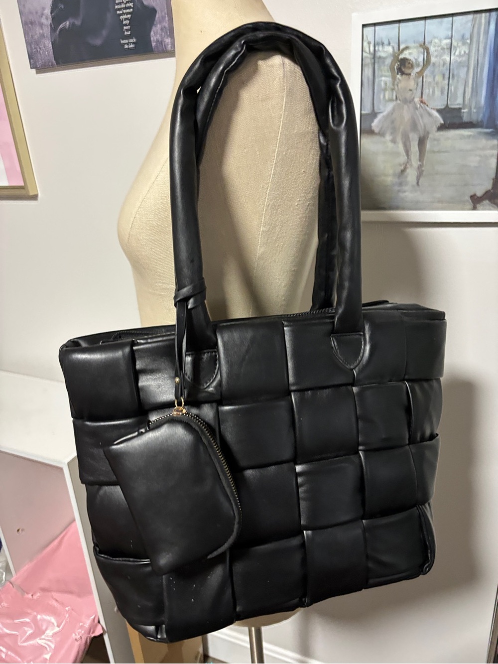 Windsor Black Quilted Padded Tote with Removable Zip Pouch
